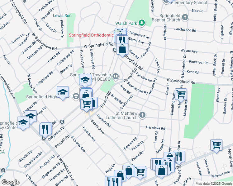 map of restaurants, bars, coffee shops, grocery stores, and more near 218 Alliston Road in Springfield