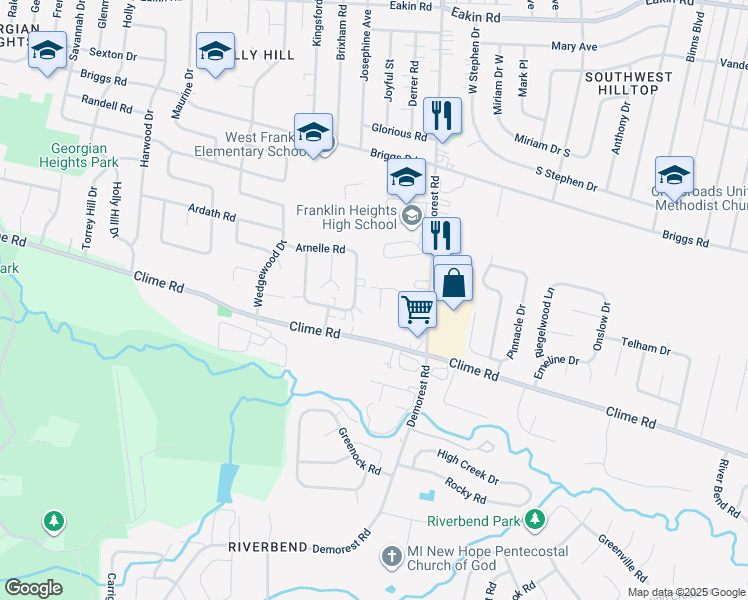 map of restaurants, bars, coffee shops, grocery stores, and more near 3588 Farm Hurst Lane in Columbus