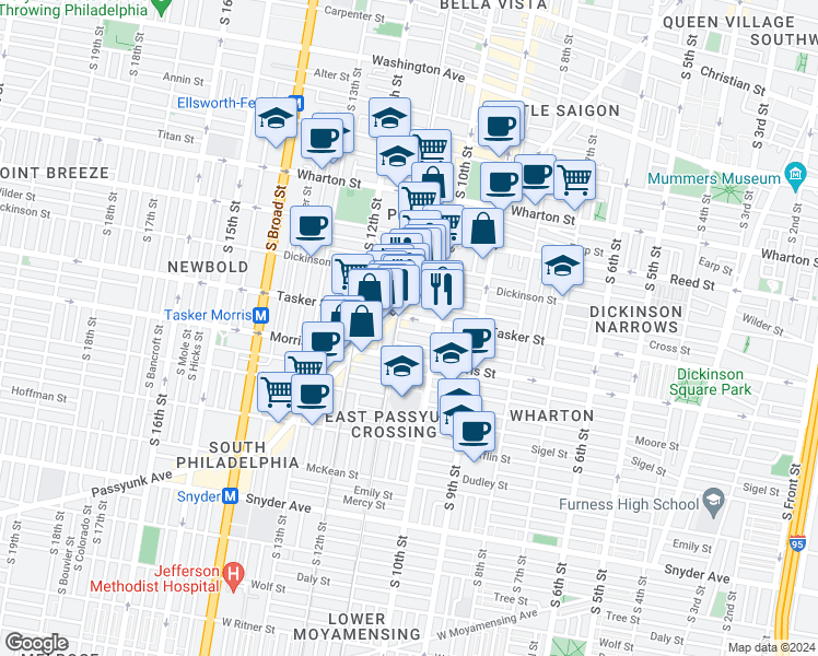 map of restaurants, bars, coffee shops, grocery stores, and more near 1033 Fernon Street in Philadelphia