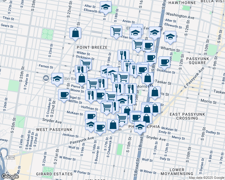 map of restaurants, bars, coffee shops, grocery stores, and more near 1710 Watkins Street in Philadelphia
