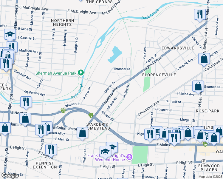 map of restaurants, bars, coffee shops, grocery stores, and more near 932 Sherman Avenue in Springfield