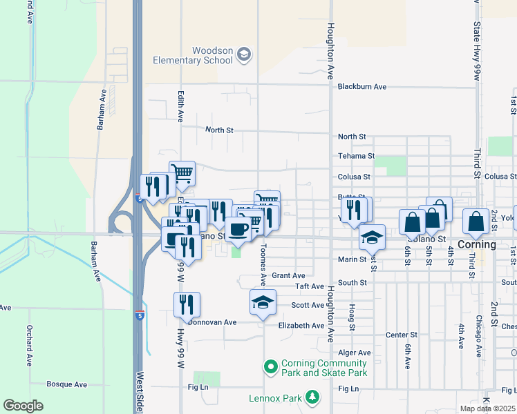 map of restaurants, bars, coffee shops, grocery stores, and more near Toomes Avenue in Corning