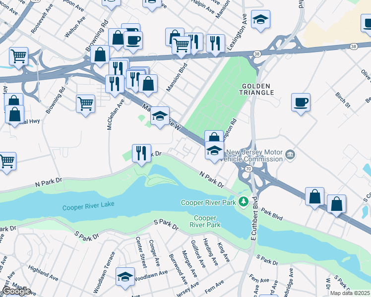 map of restaurants, bars, coffee shops, grocery stores, and more near 1202 Bishops View Circle in Cherry Hill