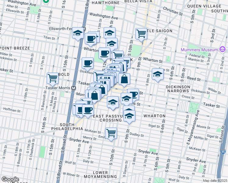 map of restaurants, bars, coffee shops, grocery stores, and more near 1039 Fernon Street in Philadelphia