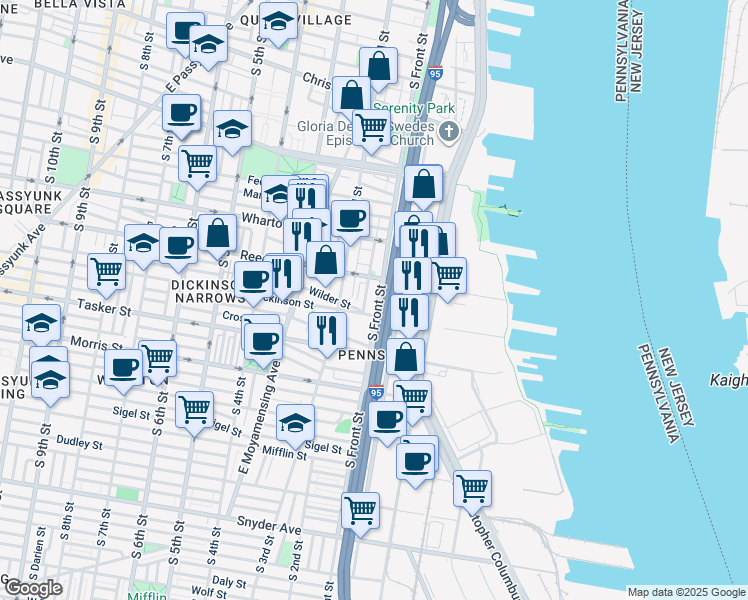 map of restaurants, bars, coffee shops, grocery stores, and more near 1436 South Front Street in Philadelphia