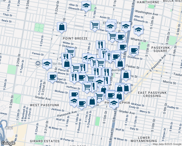 map of restaurants, bars, coffee shops, grocery stores, and more near 1716 Watkins Street in Philadelphia