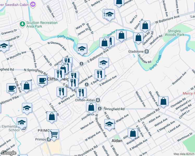 map of restaurants, bars, coffee shops, grocery stores, and more near 203 East Berkley Avenue in Clifton Heights