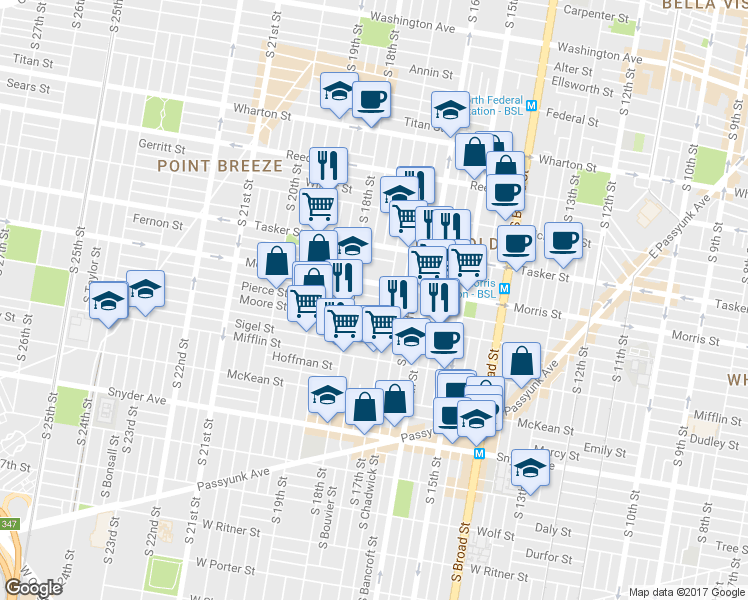 map of restaurants, bars, coffee shops, grocery stores, and more near 1718 Watkins Street in Philadelphia
