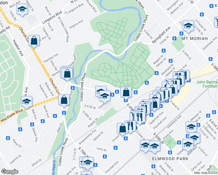 map of restaurants, bars, coffee shops, grocery stores, and more near 6418 Trinity Street in Philadelphia