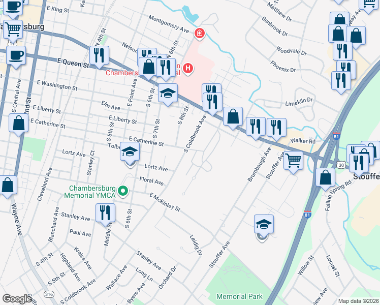 map of restaurants, bars, coffee shops, grocery stores, and more near 214 South Coldbrook Avenue in Chambersburg