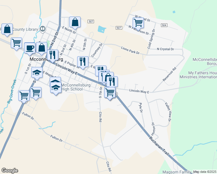 map of restaurants, bars, coffee shops, grocery stores, and more near 720 Lincoln Way E in McConnellsburg