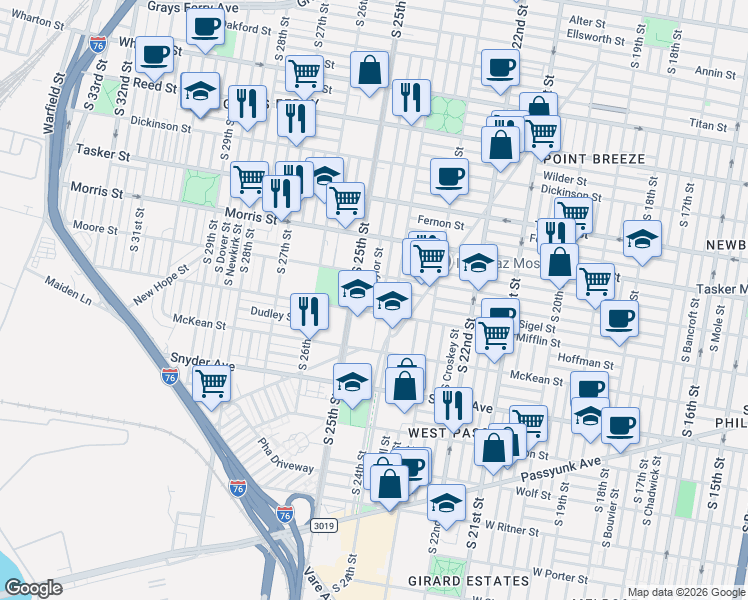 map of restaurants, bars, coffee shops, grocery stores, and more near 1808 South Ringgold Street in Philadelphia