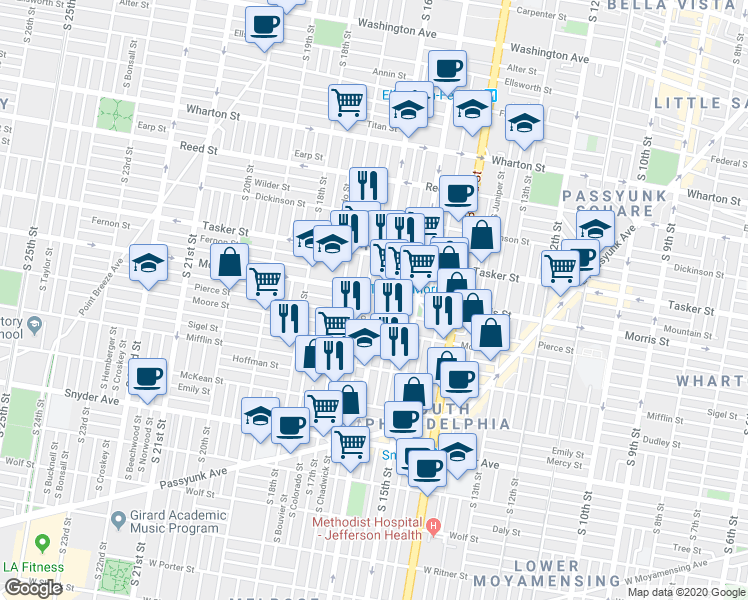 map of restaurants, bars, coffee shops, grocery stores, and more near 1708 South 16th Street in Philadelphia