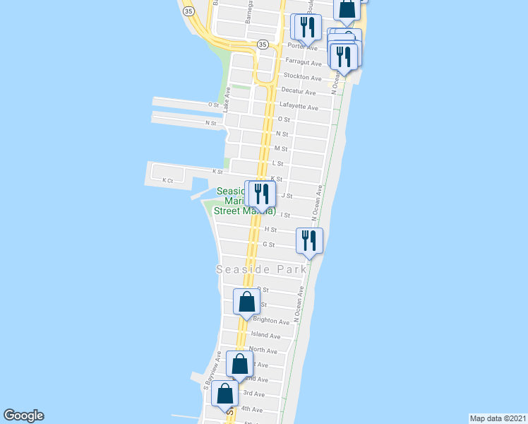 map of restaurants, bars, coffee shops, grocery stores, and more near 57 I Street in Seaside Park