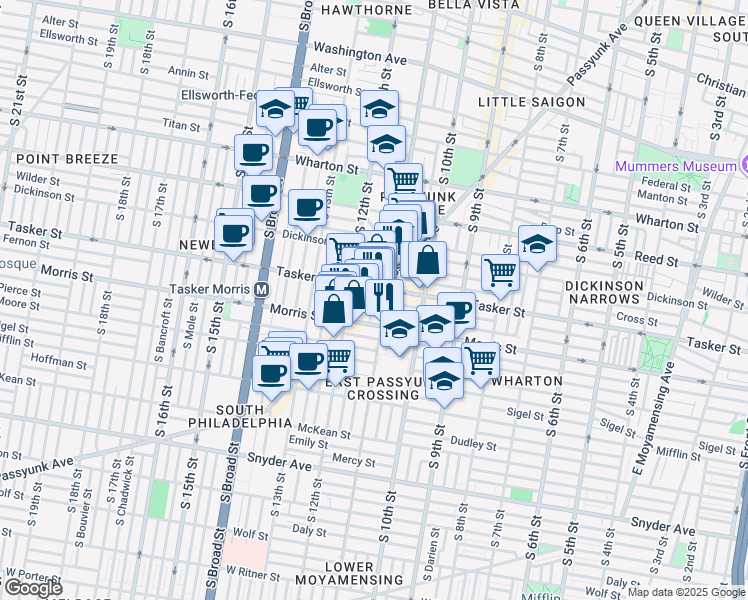 map of restaurants, bars, coffee shops, grocery stores, and more near 1548 East Passyunk Avenue in Philadelphia