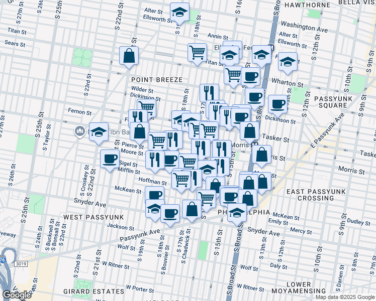 map of restaurants, bars, coffee shops, grocery stores, and more near 1720 Watkins Street in Philadelphia