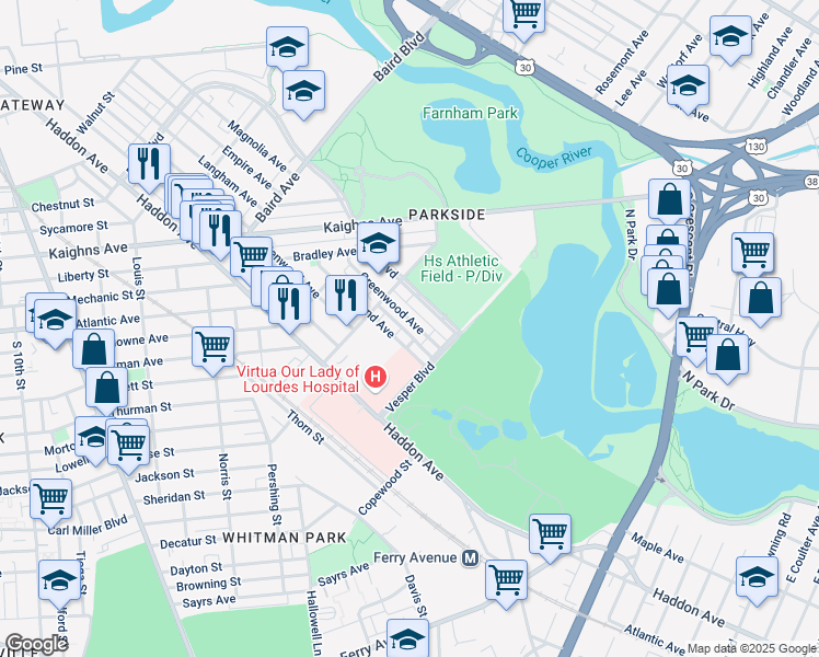 map of restaurants, bars, coffee shops, grocery stores, and more near 1493 Greenwood Avenue in Camden