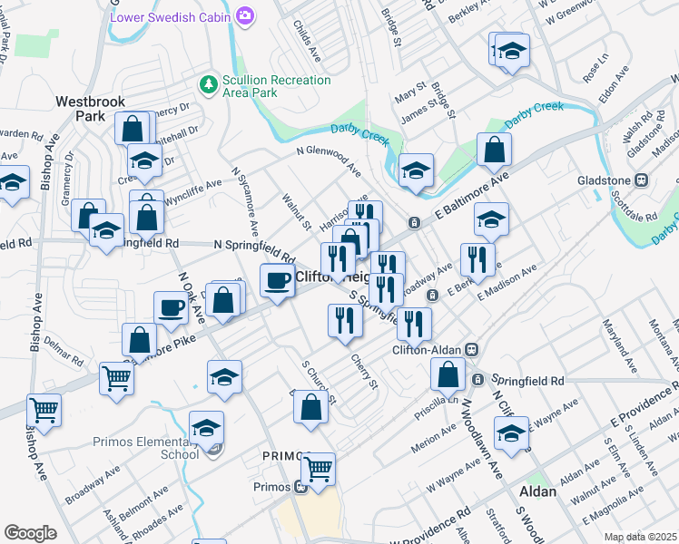 map of restaurants, bars, coffee shops, grocery stores, and more near E Baltimore Ave & Walnut St in Clifton Heights
