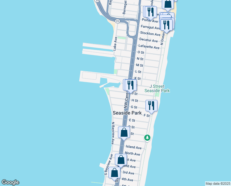 map of restaurants, bars, coffee shops, grocery stores, and more near 133 I Street in Seaside Park