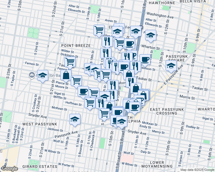 map of restaurants, bars, coffee shops, grocery stores, and more near 1708 South 16th Street in Philadelphia