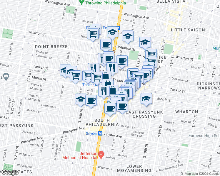 map of restaurants, bars, coffee shops, grocery stores, and more near 1639 South Broad Street in Philadelphia