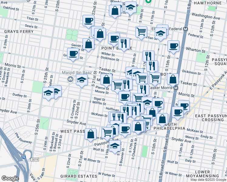 map of restaurants, bars, coffee shops, grocery stores, and more near 1916 Pierce Street in Philadelphia
