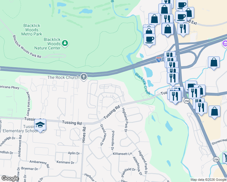 map of restaurants, bars, coffee shops, grocery stores, and more near Prendergast Piace in Columbus