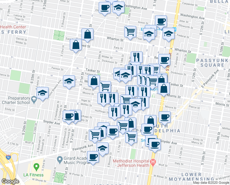 map of restaurants, bars, coffee shops, grocery stores, and more near 1726 South 18th Street in Philadelphia