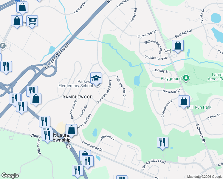 map of restaurants, bars, coffee shops, grocery stores, and more near 150 Ramblewood Parkway in Mount Laurel Township