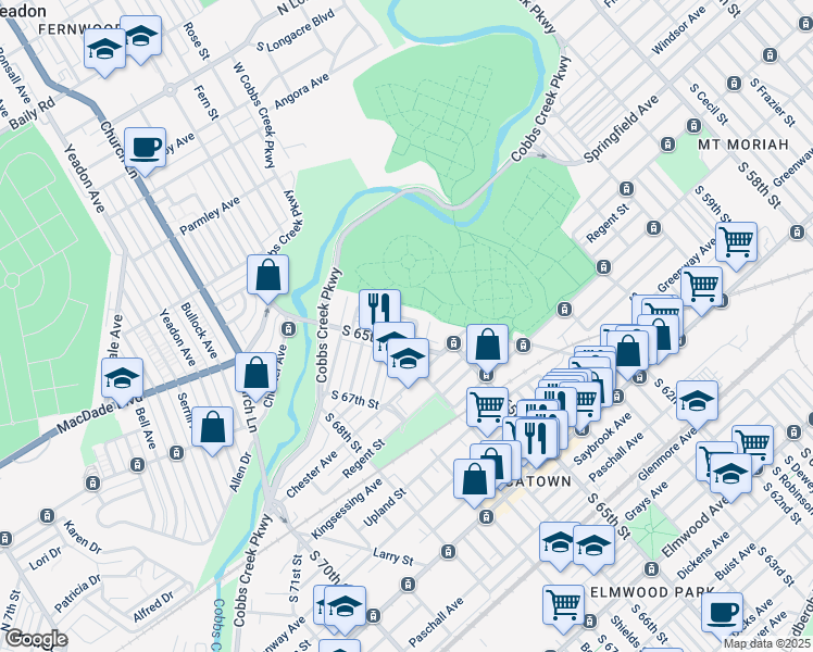 map of restaurants, bars, coffee shops, grocery stores, and more near 1762 South Avondale Street in Philadelphia