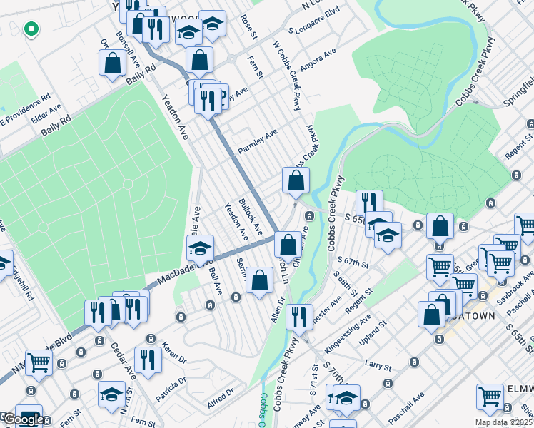 map of restaurants, bars, coffee shops, grocery stores, and more near 801 Rader Avenue in Yeadon