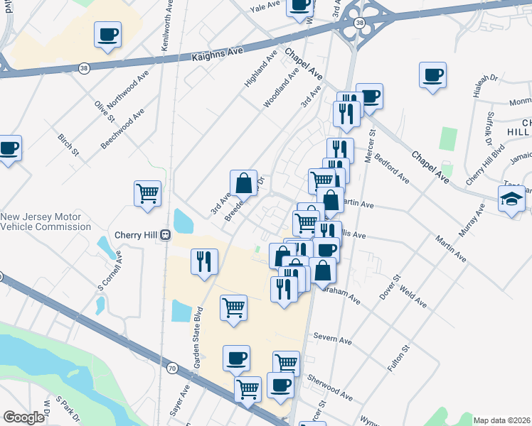 map of restaurants, bars, coffee shops, grocery stores, and more near 801 Garden Park Boulevard in Cherry Hill