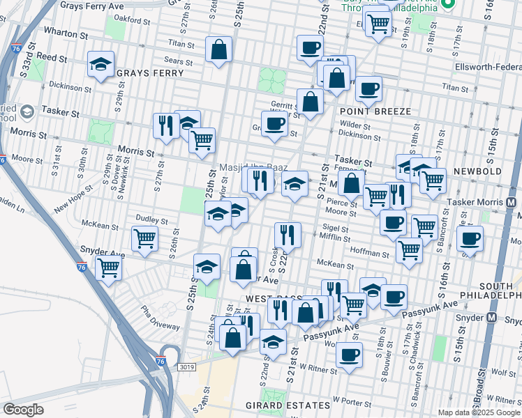 map of restaurants, bars, coffee shops, grocery stores, and more near 1818 South 23rd Street in Philadelphia