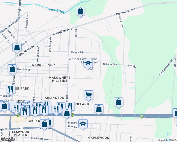 map of restaurants, bars, coffee shops, grocery stores, and more near 2820 Hillside Avenue in Springfield