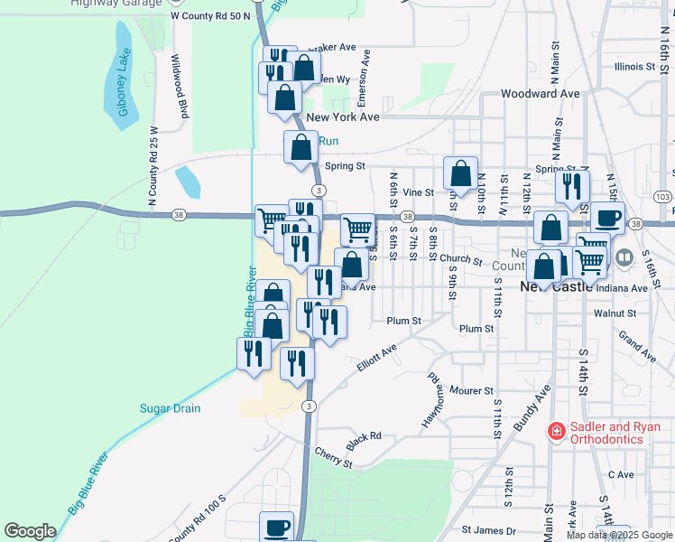 map of restaurants, bars, coffee shops, grocery stores, and more near 120 South Memorial Drive in New Castle