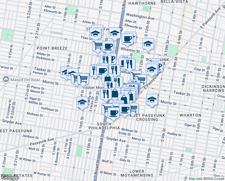 map of restaurants, bars, coffee shops, grocery stores, and more near 1637 South Broad Street in Philadelphia