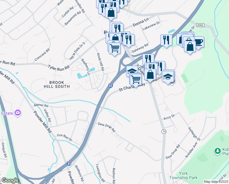 map of restaurants, bars, coffee shops, grocery stores, and more near 302 St Charles Way in York