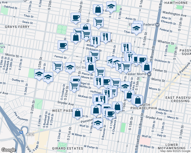 map of restaurants, bars, coffee shops, grocery stores, and more near 1911 Watkins Street in Philadelphia