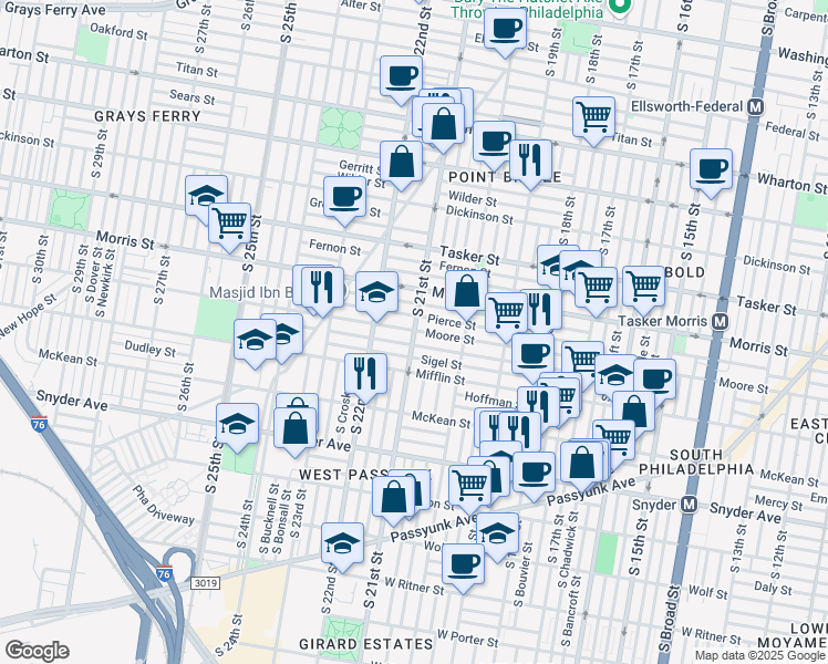 map of restaurants, bars, coffee shops, grocery stores, and more near 2100 Moore Street in Philadelphia