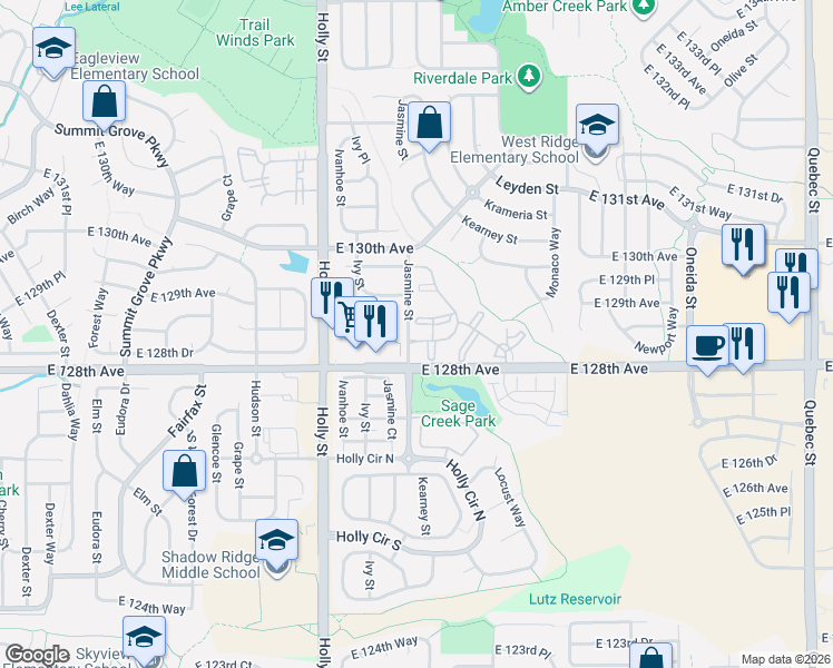 map of restaurants, bars, coffee shops, grocery stores, and more near 12840 Jersey Court in Thornton