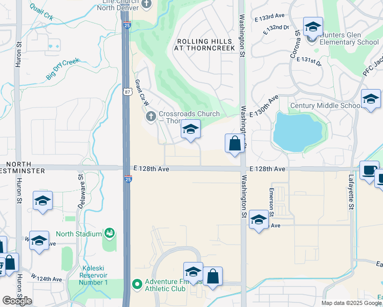 map of restaurants, bars, coffee shops, grocery stores, and more near 12851 Grant Drive in Thornton