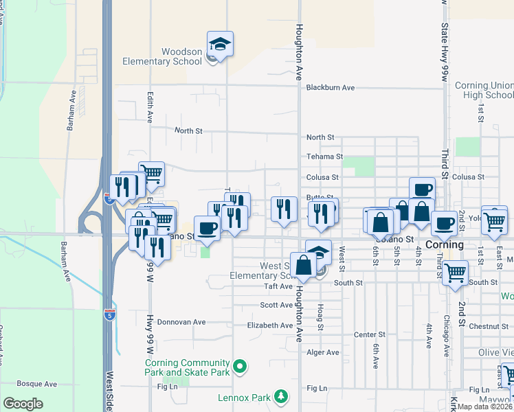 map of restaurants, bars, coffee shops, grocery stores, and more near 1954 Butte Street in Corning