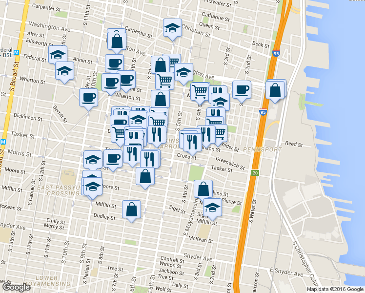 map of restaurants, bars, coffee shops, grocery stores, and more near 1438 South Lawrence Terrace in Philadelphia