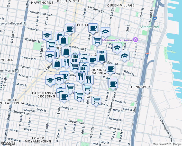 map of restaurants, bars, coffee shops, grocery stores, and more near 1501 South 7th Street in Philadelphia