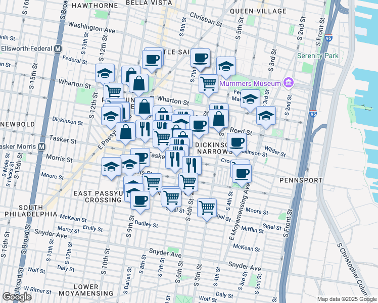 map of restaurants, bars, coffee shops, grocery stores, and more near 1501 South 7th Street in Philadelphia