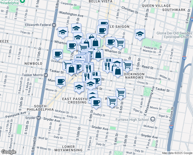 map of restaurants, bars, coffee shops, grocery stores, and more near 911 Cross Street in Philadelphia