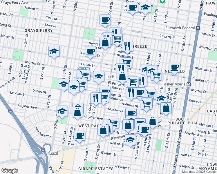 map of restaurants, bars, coffee shops, grocery stores, and more near 1721 South 21st Street in Philadelphia