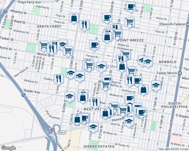 map of restaurants, bars, coffee shops, grocery stores, and more near 2235 Moore Street in Philadelphia