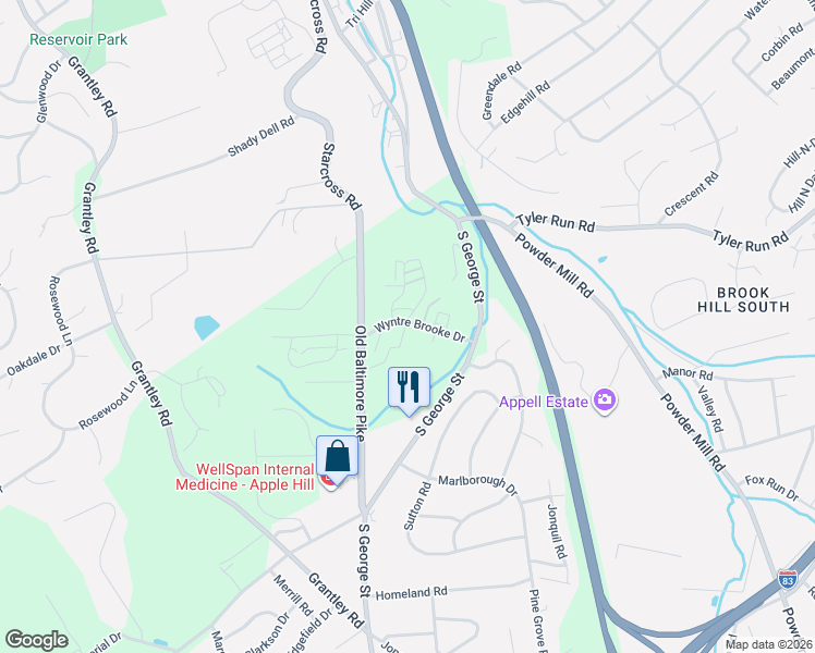 map of restaurants, bars, coffee shops, grocery stores, and more near 2002 Wyntre Brooke Drive in York