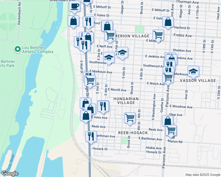 map of restaurants, bars, coffee shops, grocery stores, and more near 141 East Welch Avenue in Columbus